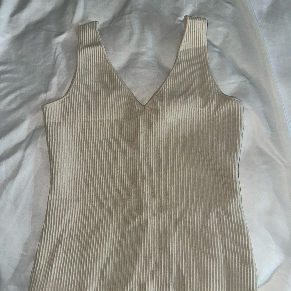 Cream Ribbed V-Neck Women's Top
